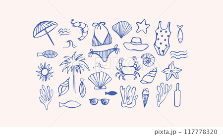 Sea life doodle hand drawn vector illustrations. Mediterranean life in blue color 117778320