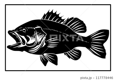 Bass fish silhouette art white background, black and white of largemouth bass fish 117778446