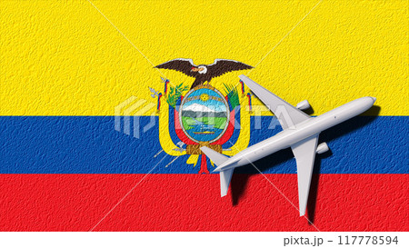 Ecuador National Flag And Airplane Fly. Aircraft Flies To Country. Flight And Travel 3D Illustration 117778594