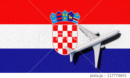 Croatia National Flag And Airplane Fly. Aircraft Flies To Country. Flight And Travel 3D Illustration 117778601