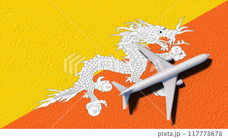 Bhutan National Flag And Airplane Fly. Aircraft Flies To Country. Flight And Travel 3D Illustration Bhutan National Flag And Airplane Fly. Aircraft Flies To Country. Flight And Travel 3D Illustration 117778678