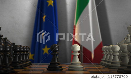 Italy And EU Flags. Politics And Conflict Concept 3D Illustration. Chess Board Game Play 117778700