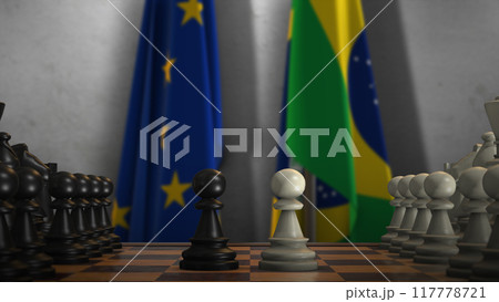Brazil And EU Flags. Politics And Conflict Concept 3D Illustration. Chess Board Game Play Brazil And EU Flags. Politics And Conflict Concept 3D Illustration. Chess Board Game Play 117778721