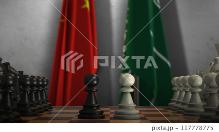 Saudi Arabia And China National Flags. Politics And Conflict 3D Illustration. Chess Board Game Play Saudi Arabia And China National Flags. Politics And Conflict 3D Illustration. Chess Board Game Play 117778775