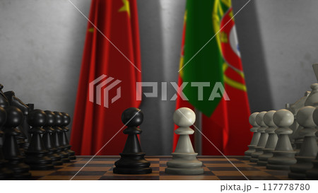 Portugal And China National Flags. Politics And Conflict 3D Illustration. Chess Board Game Play 117778780