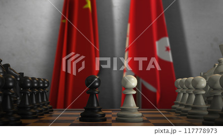 Hong Kong And China National Flags. Politics And Conflict 3D Illustration. Chess Board Game Play Hong Kong And China National Flags. Politics And Conflict 3D Illustration. Chess Board Game Play 117778973