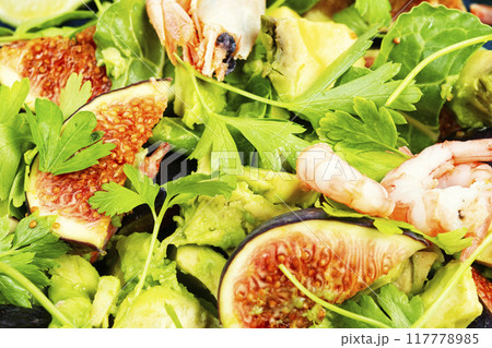 Fresh shrimp avocado figs salad. Fresh shrimp avocado figs salad. 117778985