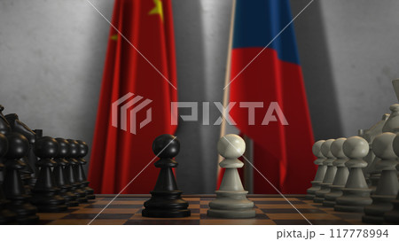 Czech Republic And China National Flags. Politics And Conflict 3D Illustration. Chess Board Game Play Czech Republic And China National Flags. Politics And Conflict 3D Illustration. Chess Board Game Play 117778994