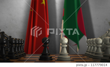 Algeria And China National Flags. Politics And Conflict 3D Illustration. Chess Board Game Play Algeria And China National Flags. Politics And Conflict 3D Illustration. Chess Board Game Play 117779014