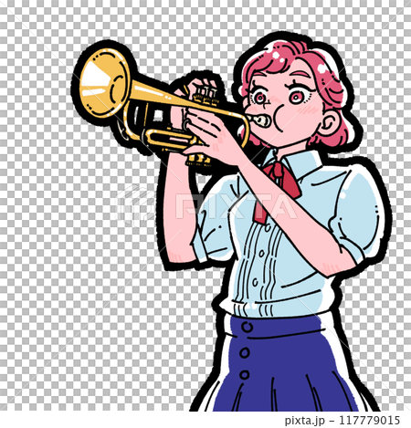 Illustration of a girl playing the trumpet 117779015