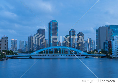 日本　東京都中央区の隅田川大橋から眺める月島のマンション群と永代橋 117779220