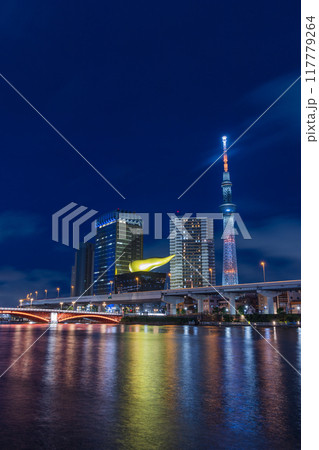 日本 東京都台東区浅草の隅田川沿いの夜景とライトアップされた東京スカイツリー 日本 東京都台東区浅草の隅田川沿いの夜景とライトアップされた東京スカイツリー 117779264