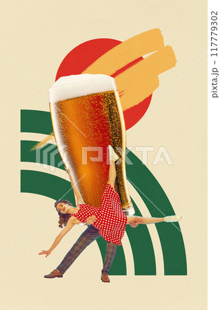 Poster. Contemporary art collage. Couple dances, giant beer glass and man, their movements echoing joy and flow of celebration. Concept of New year party. Poster. Contemporary art collage. Couple dances, giant beer glass and man, their movements echoing joy and flow of celebration. Concept of New year party. 117779302
