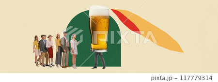 Poster. Contemporary art collage. Retro dressed people, awaits giant beer glass with legs, capturing joyful anticipation. Concept of Oktoberfest. Poster. Contemporary art collage. Retro dressed people, awaits giant beer glass with legs, capturing joyful anticipation. Concept of Oktoberfest. 117779314