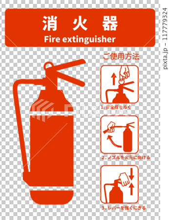 消火器 使用法 使い方 使用方法 標識 看板 ピクトグラムのイラスト 消火器 使用法 使い方 使用方法 標識 看板 ピクトグラムのイラスト 117779324