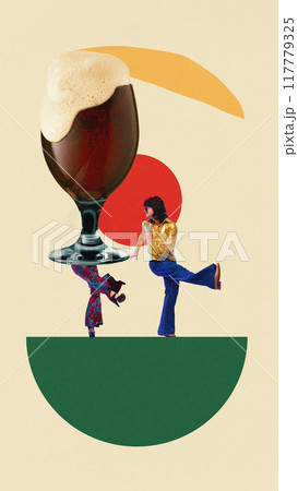 Poster. Contemporary art collage. Man dancing disco with giant dark beer mug, celebrating start of winter holidays. Concept of Oktoberfest. Poster. Contemporary art collage. Man dancing disco with giant dark beer mug, celebrating start of winter holidays. Concept of Oktoberfest. 117779325