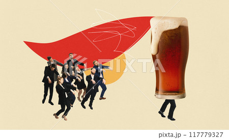 Poster. Contemporary art collage. Group of formal walkers follows giant beer pint wearing red hat, highlighting magnetic allure of drink. Concept of New Year party. 117779327