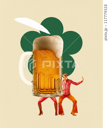 Poster. Contemporary art collage. Disco dancers, man and woman with beer mug instead of body, embodying retro fun and lively celebration. Concept of Oktoberfest. 117779328