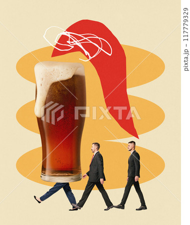 Poster. Contemporary art collage. Three businessmen follow a giant beer pint wearing Santa hat, blending holiday cheer with humor. Concept of Oktoberfest. 117779329