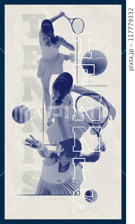 Retro poster. Contemporary art collage. Development of movement of tennis player win duotone against background with inscription. Noisy effect. 117779332