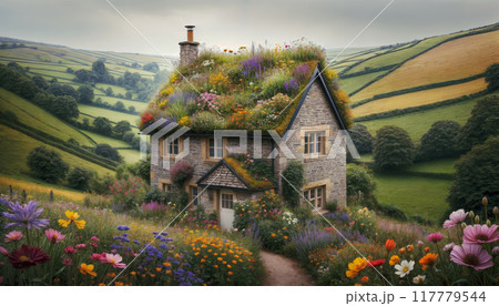 quaint, two-storey cottage nestled in a lush, green countryside. Building roof is adorned with a variety of colorful flowers and plants 117779544