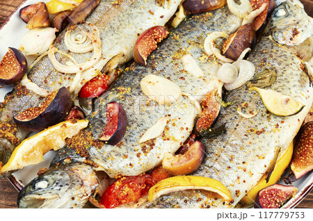 Baked rainbow trout. 117779753