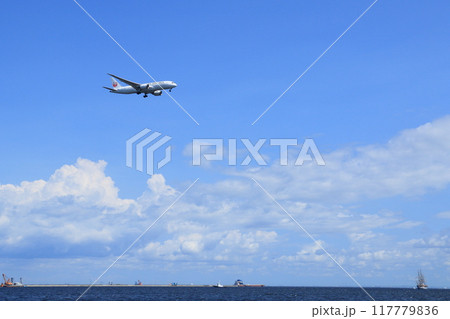 夏空を背景に飛ぶ旅客機　夏の空の旅 117779836
