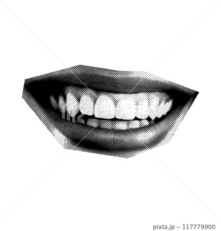 Halftone female smile, collage element. Vector illustration 117779900
