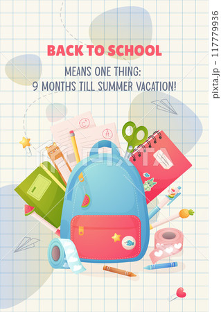 Back to school preparation, sales, school discounts banner, poster. Pens, pencil, backpack 117779936