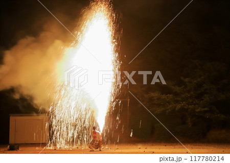 美しく放物線を描く花火 117780214