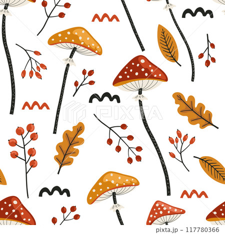 autumn seamless pattern with mushrooms, leaves and berries. Vector illustration in doodle style autumn seamless pattern with mushrooms, leaves and berries. Vector illustration in doodle style 117780366