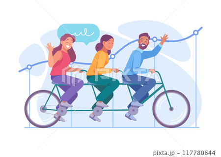 Business Process with Man and Woman Ride Bicycle Together Vector Illustration 117780644
