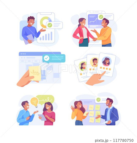Business Process with Man and Woman Busy with Analytics Vector Set Business Process with Man and Woman Busy with Analytics Vector Set 117780750
