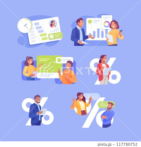 Business Process with Man and Woman Busy with Analytics Vector Set Business Process with Man and Woman Busy with Analytics Vector Set 117780752