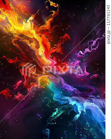 This dynamic abstract art showcases a burst of vivid colors against a dark cosmic backdrop. Ideal for creative projects or modern designs in need of a visually striking element 117781145