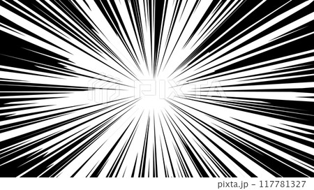 シンプルな黒い集中線のフレーム -放射状に広がる漫画の効果線の背景素材 - 16:9 117781327