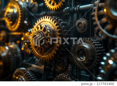 Interlocking gears and cogs dominate the foreground, bathed in warm light Interlocking gears and cogs dominate the foreground, bathed in warm light 117781400