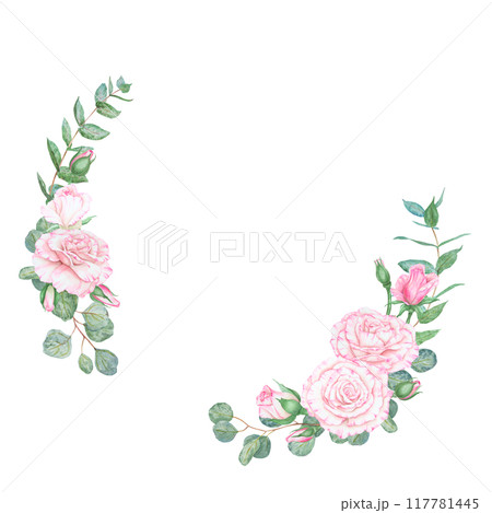 Light pink rose and eucalyptus. Watercolor botanical illustration. Hand drawn clipart, cut out and isolated. Realistic flower round frame for banner template with copy space for text in wedding prints Light pink rose and eucalyptus. Watercolor botanical illustration. Hand drawn clipart, cut out and isolated. Realistic flower round frame for banner template with copy space for text in wedding prints 117781445