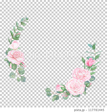 Light pink rose and eucalyptus. Watercolor botanical illustration. Hand drawn clipart, cut out and isolated. Realistic flower round frame for banner template with copy space for text in wedding prints Light pink rose and eucalyptus. Watercolor botanical illustration. Hand drawn clipart, cut out and isolated. Realistic flower round frame for banner template with copy space for text in wedding prints 117781445