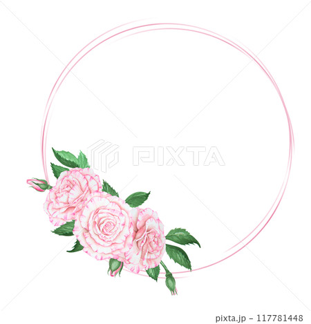 Light pink rose bouquet. Watercolor botanical illustration. Hand drawn clipart, cut out and isolated. Realistic flower round frame with for banner template with copy space for text in wedding prints 117781448