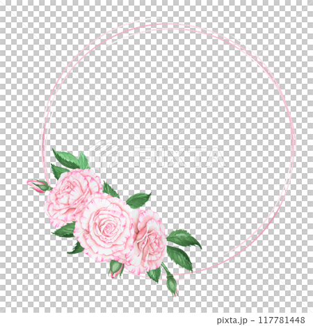 Light pink rose bouquet. Watercolor botanical illustration. Hand drawn clipart, cut out and isolated. Realistic flower round frame with for banner template with copy space for text in wedding prints 117781448