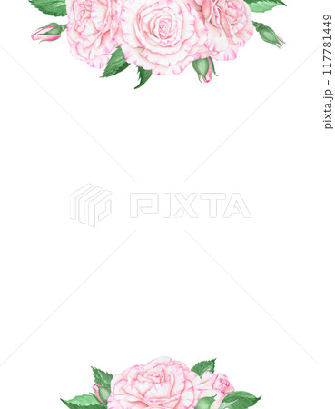 Light pink rose bouquet. Watercolor botanical illustration. Hand drawn clipart, cut out and isolated. Realistic flower frame with for banner template with copy space for text in wedding prints 117781449