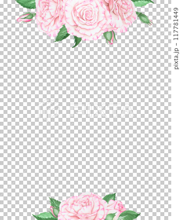 Light pink rose bouquet. Watercolor botanical illustration. Hand drawn clipart, cut out and isolated. Realistic flower frame with for banner template with copy space for text in wedding prints 117781449