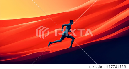 A dynamic runner, depicted in mid-sprint against an abstract background of red waves or sand dunes 117781536