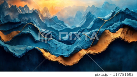 A captivating abstract landscape with textured mountains in contrasting hues of blue and gold 117781692