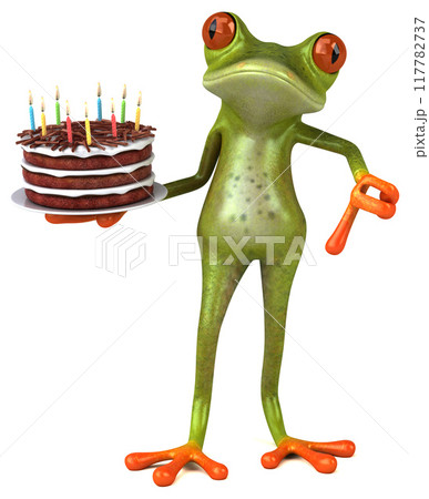Fun frog with a birthday cake - 3D Illustration 117782737