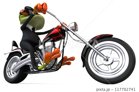 Fun frog on a motorcycle - 3D Illustration Fun frog on a motorcycle - 3D Illustration 117782741