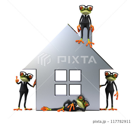 3D Illustration of green frogs next to a house 3D Illustration of green frogs next to a house 117782911