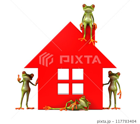 3D Illustration of green frogs next to a house 3D Illustration of green frogs next to a house 117783404