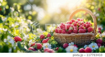 Sunlight filters through leaves, casting dappled light on a berry-filled basket nestled in lush  117783410